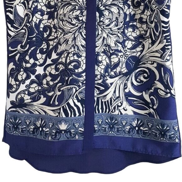 ASOS Floral Button Up Top Blue Size 4 Cream High Low Hem Band Collar Sleeveless - Picture 3 of 6